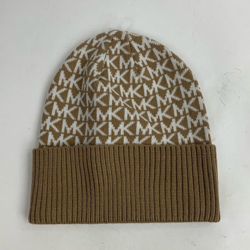 Michael Kors Knit Logo MK Hat Tan Creme New NWOT stretchy